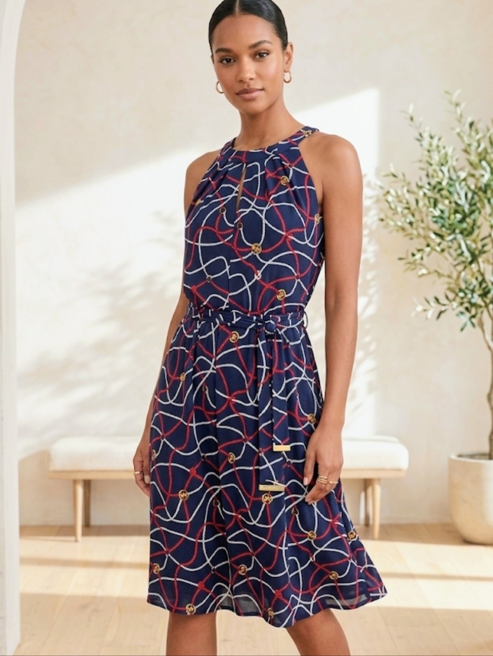 MICHAEL Michael Kors Navy Nautical Rope Print Halter Keyhole Dress Size L